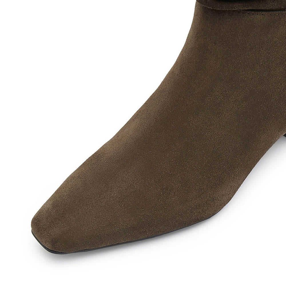 Dark Olive Slip On Mid Calf Block Heel Fringe Square Toe Slouch Boots