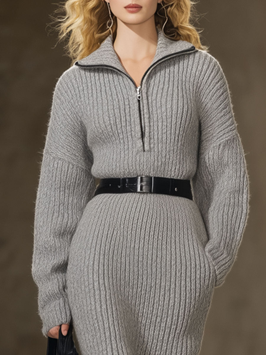 Fashion Loose Retro Gray Knit Zipper Midi Dress