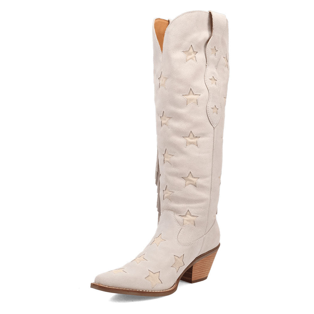 Beige Snip Toe Chunky Heel Fringe Knee-High Cowboy Boots for Women