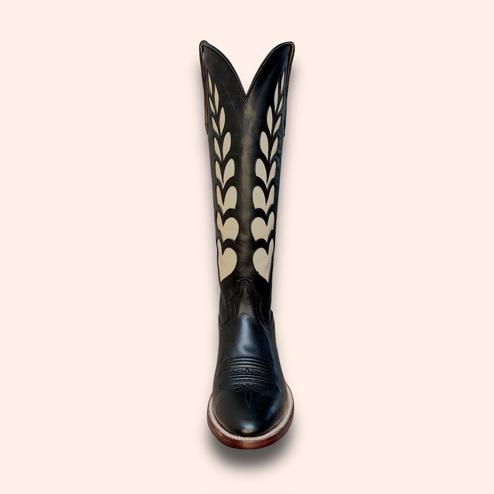 Beige & Black Inlay Round Toe Chunky Heel Wide Calf Cowgirl Boots
