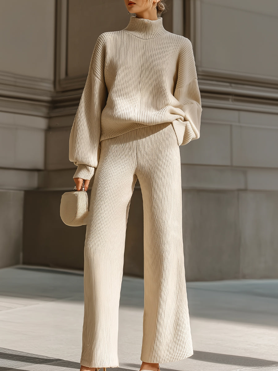 Beige Ribbed Knit Turtleneck Lounge Set