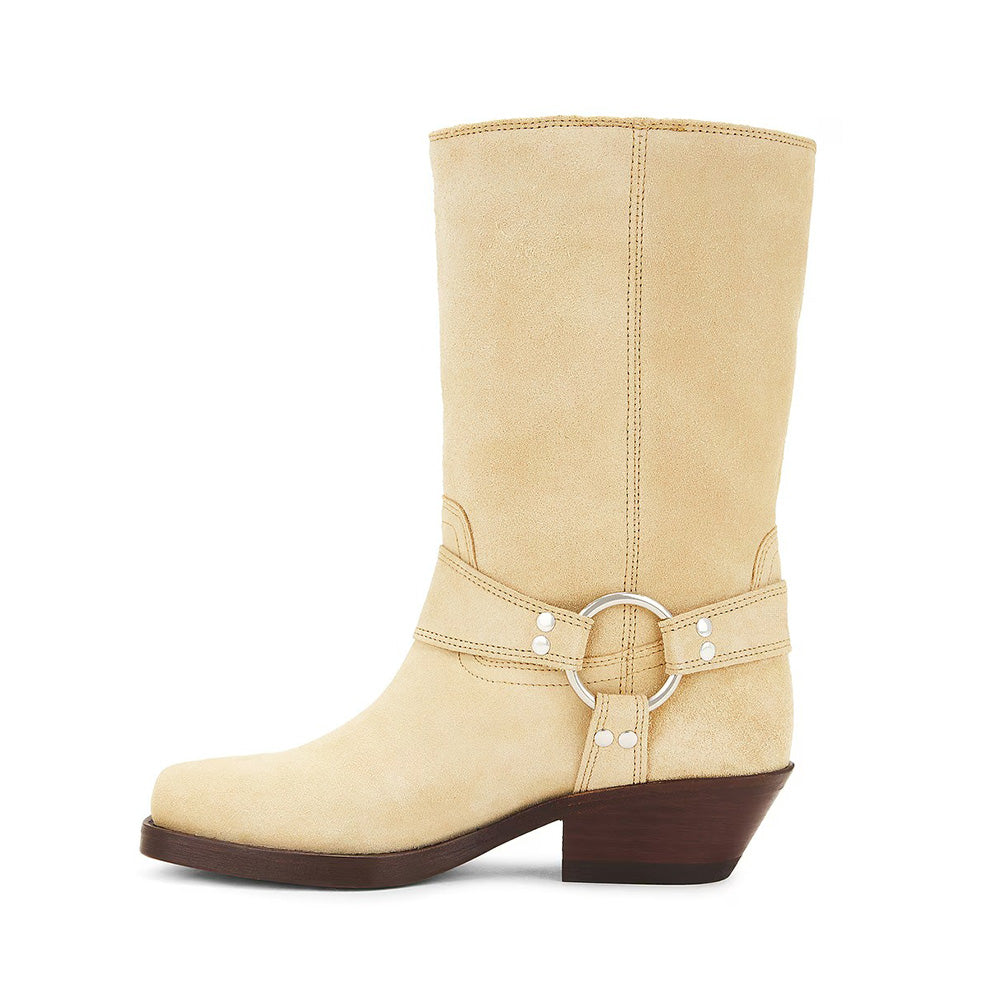 Beige Square Toe Hardware Ring Strap Women's Motorcycle Boots