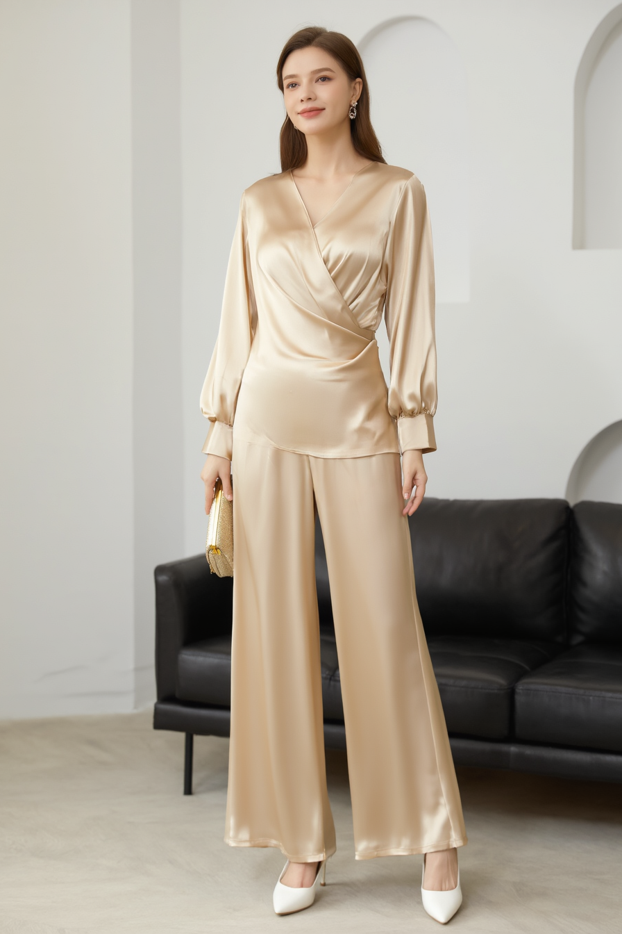 Evening Pant Set Champagne Long Sleeve Blouse Two-Piece Wide-Leg