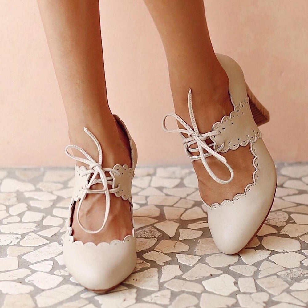 Beige Closed Toe 3'' Chunky Heel Lace Up Pumps