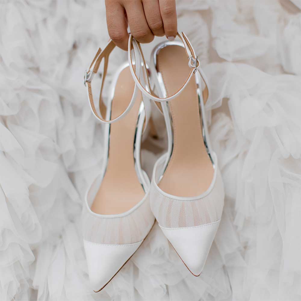 Elegant White Mesh & Satin Pointed Toe Pumps Shoes with Ankle Strap