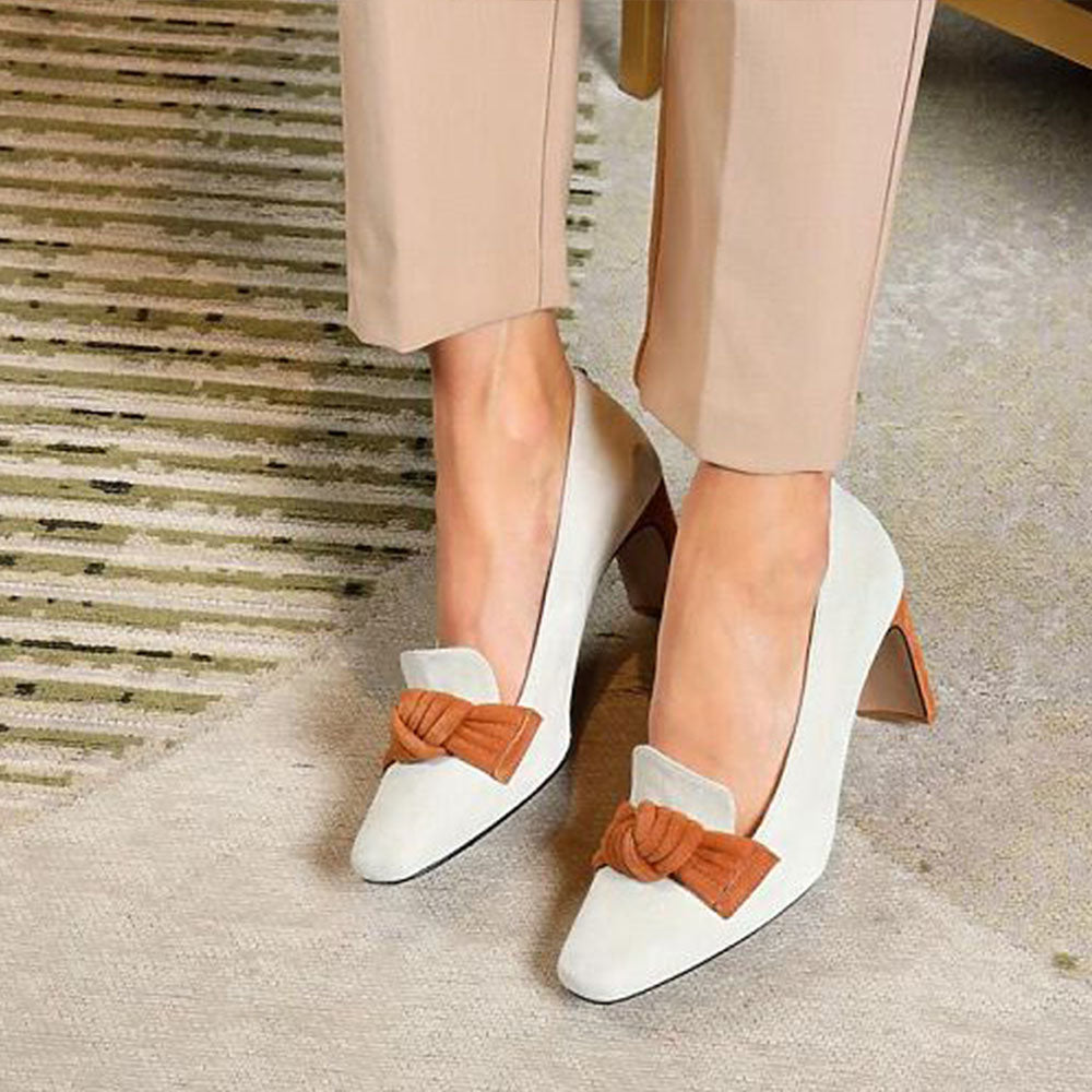 Beige Square Toe 3'' Block Heel Elegant Pumps with Bow