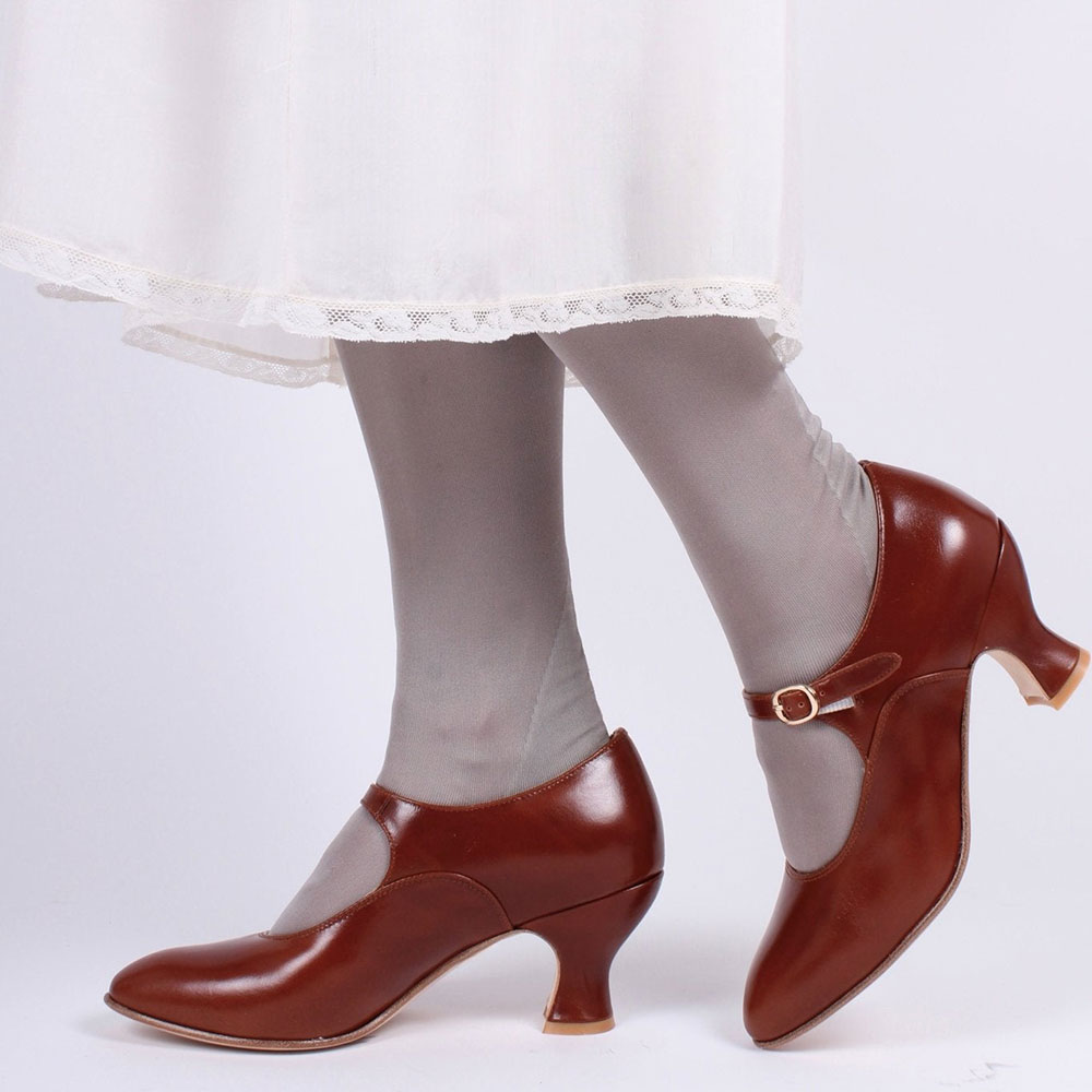 Elegant Faux Leather Brown Round Toe Heeled Mary Janes with Buckle