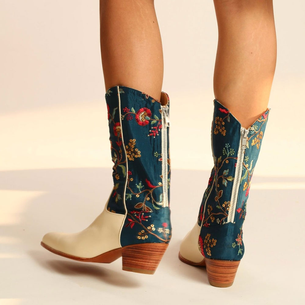 Beige and Teal Embroidered Pointed Toe Back Zipper Flower Cowboy Boots