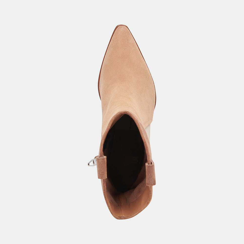 Beige Faux Suede Pointed Toe Chunky Heel Cowgirl Booties