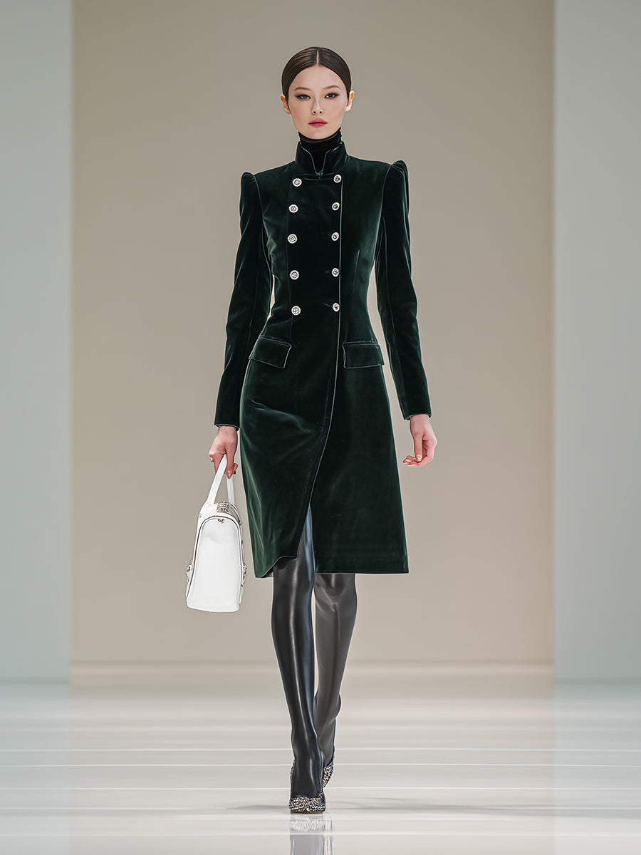 Dark Green Velvet Button-down Mid-length Coat