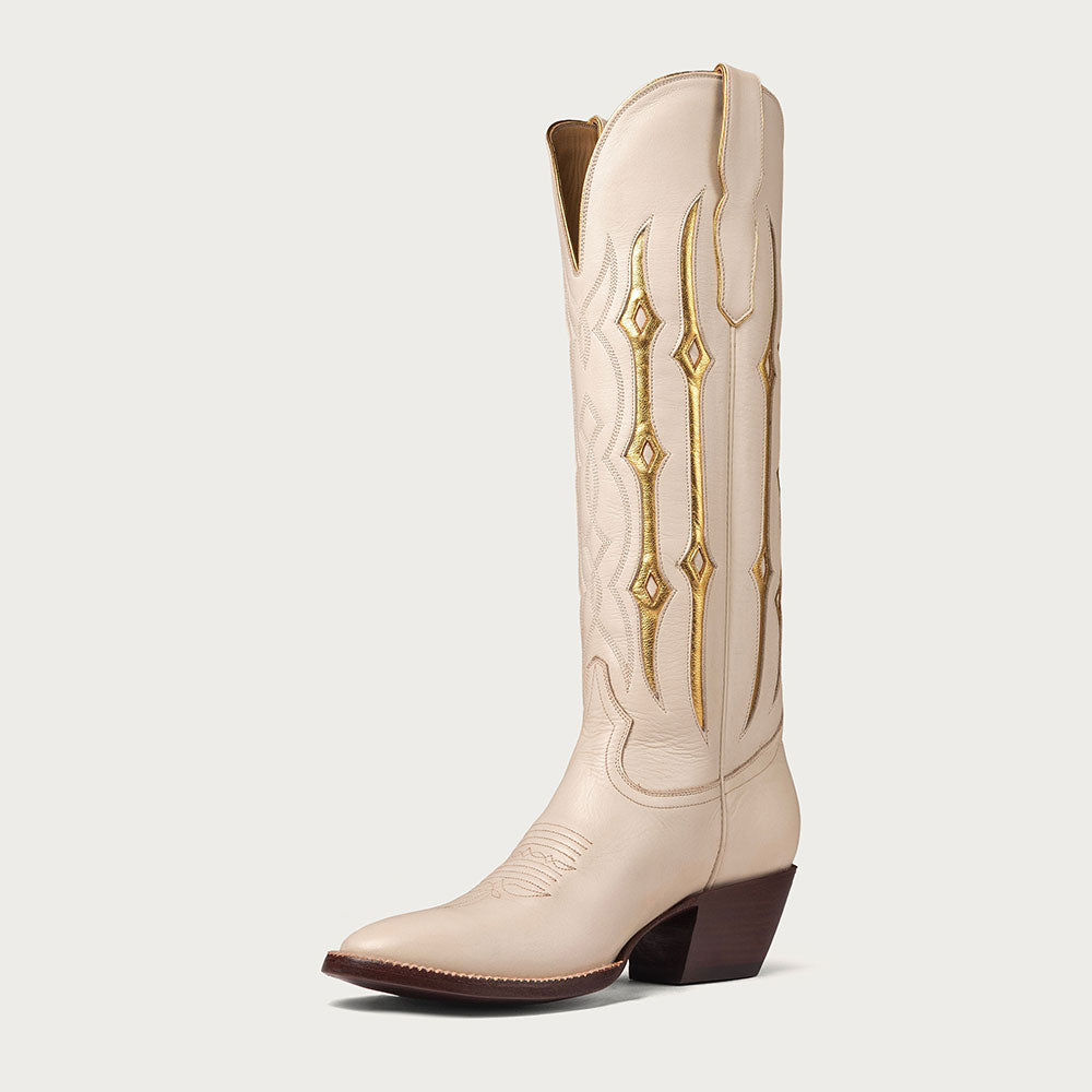 Beige Closed Toe Patchwork Embroidered Western Boots for Women
