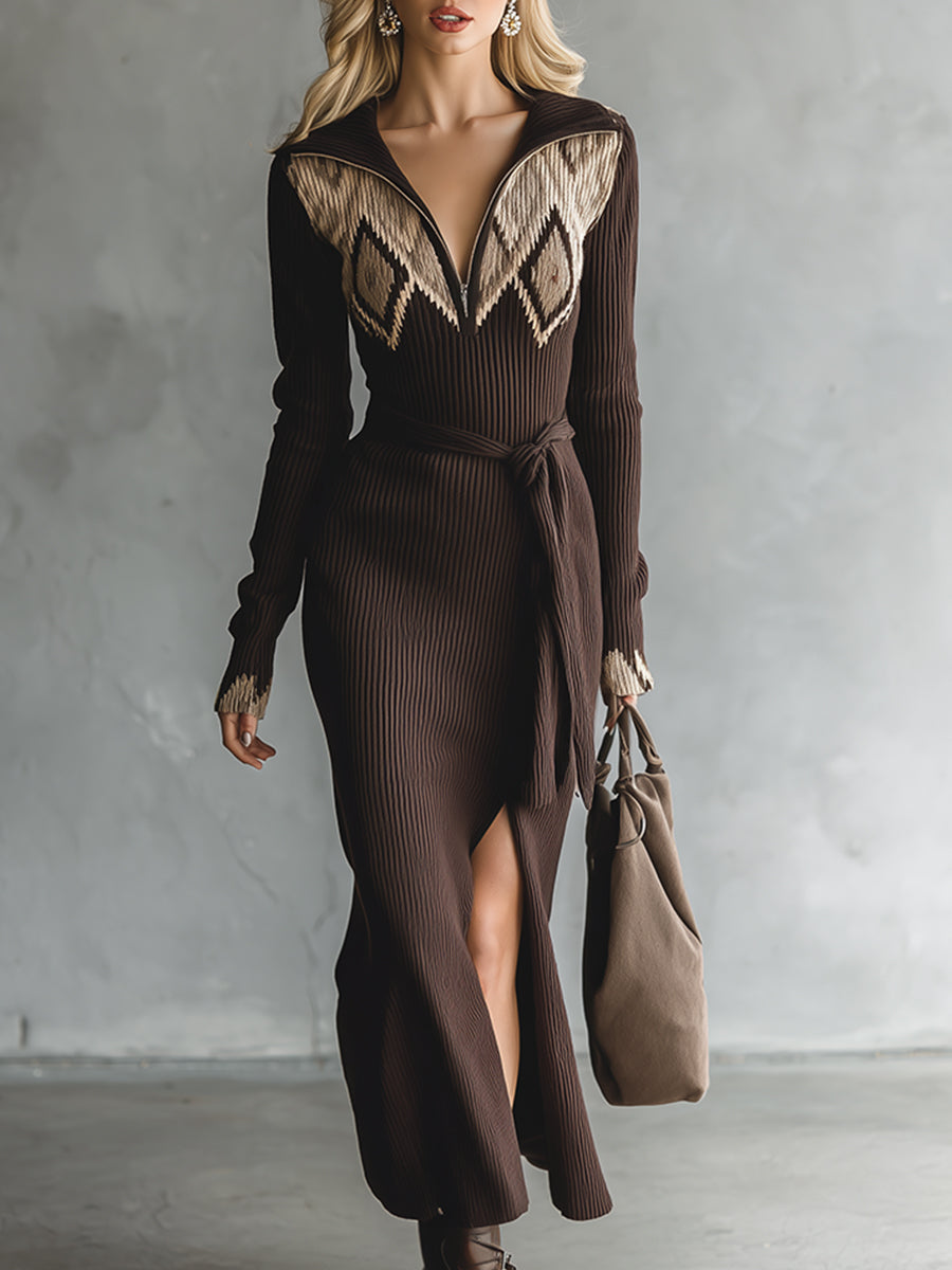 Elegant Retro Lapel Mocha Brown Pattern Knitted Belt Long Sleeve Maxi Dress