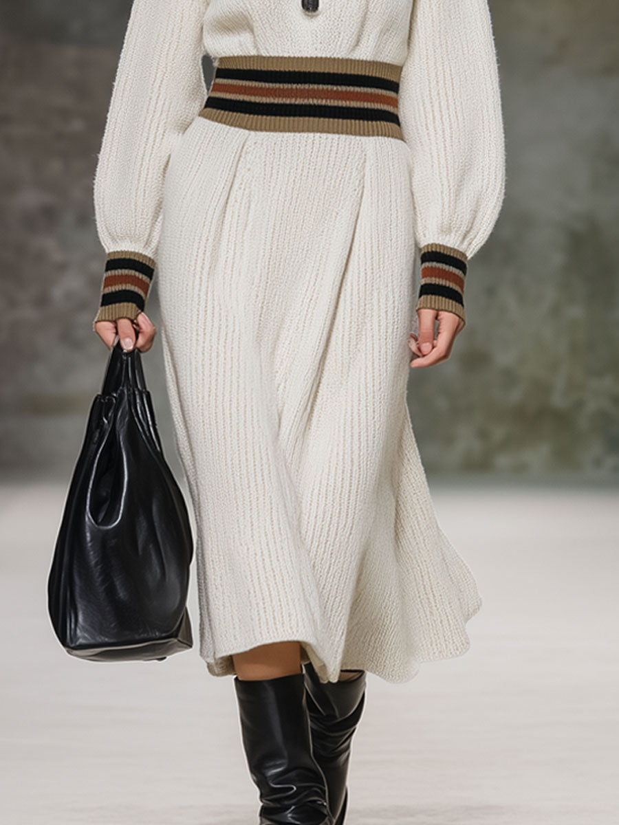 Fashion Loose Retro Striped White Knitted Midi Dress