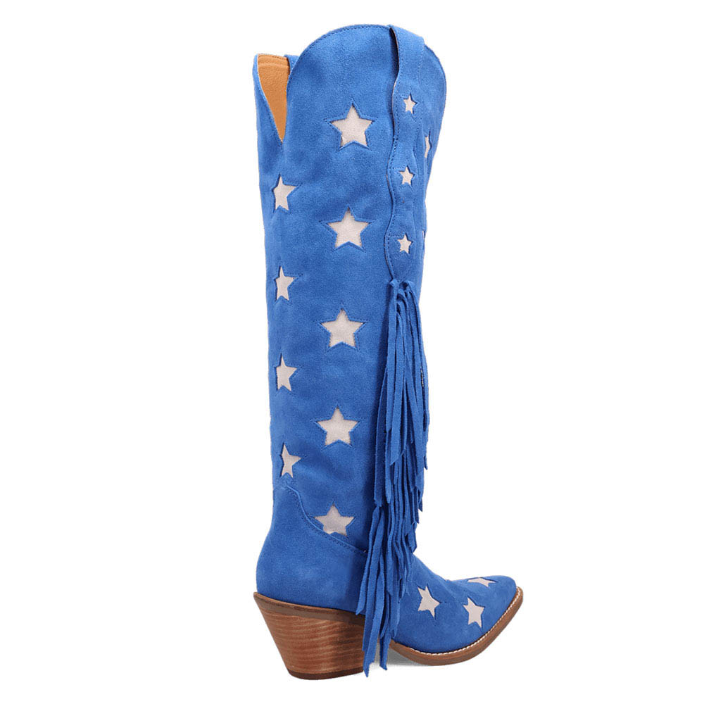 Beige Star Pattern Snip Toe Chunky Heel Knee-High Blue Cowgirl Boots