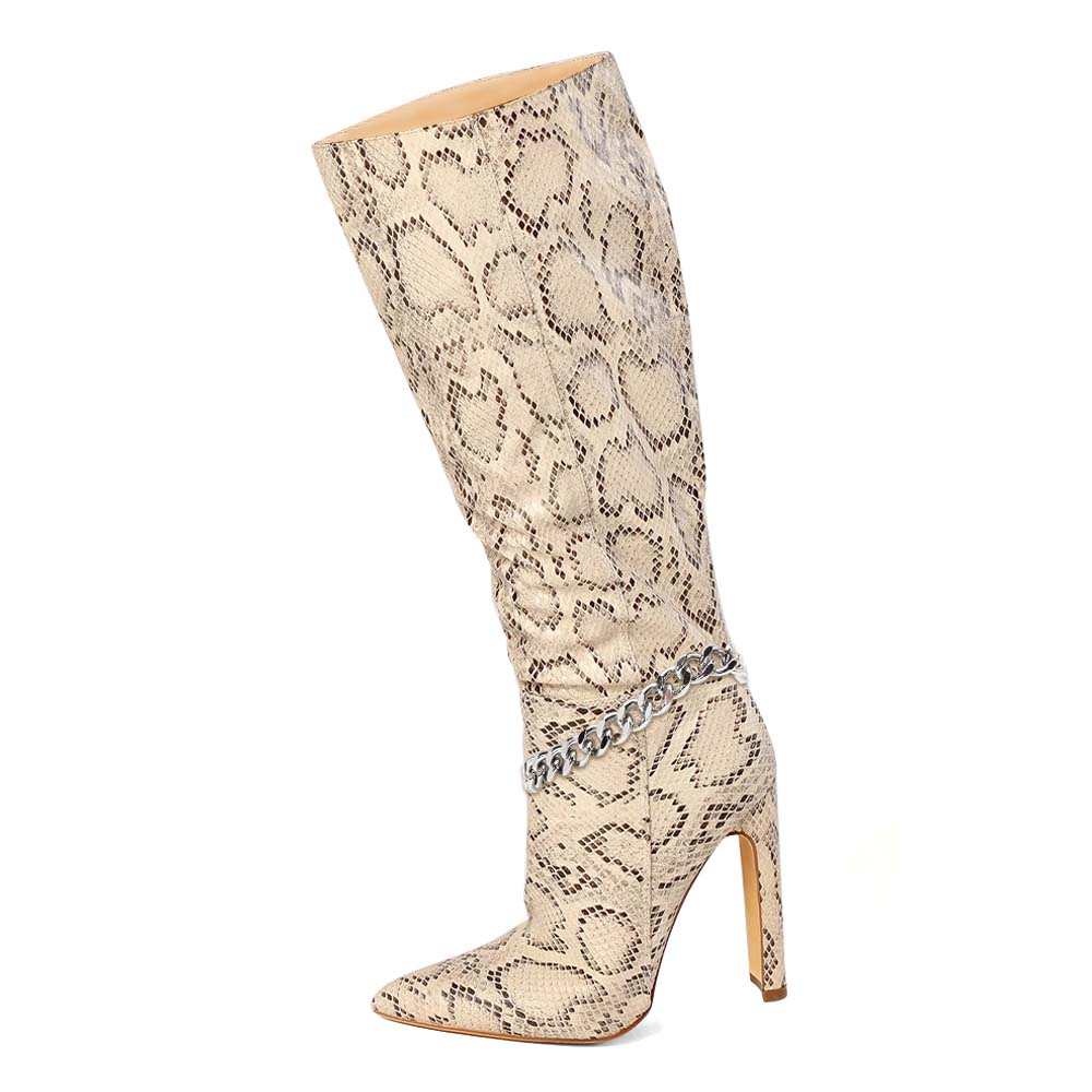 Beige Snake Textured Pointed Toe Wide Calf Tall Boots with Chain