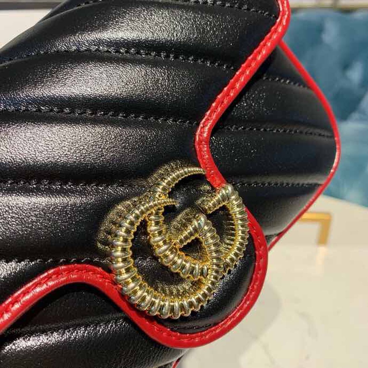 gg Marmont Diagonal Matelass Shoulder Bag Black Red For Women 10in/26cm gg 443497
