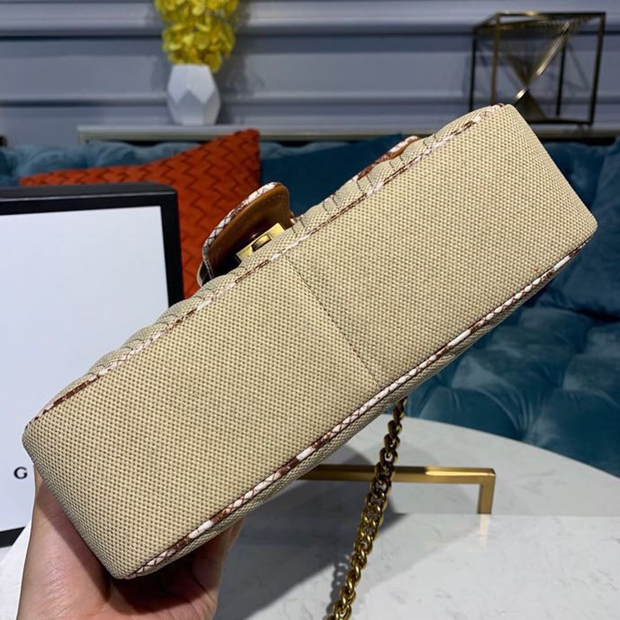 gg Marmont Raffia Straw Shoulder Bag Cream/Brown/Beige gg Chevron Matelassé Raffia Effect Fabric For Women 10in/26cm gg 443497