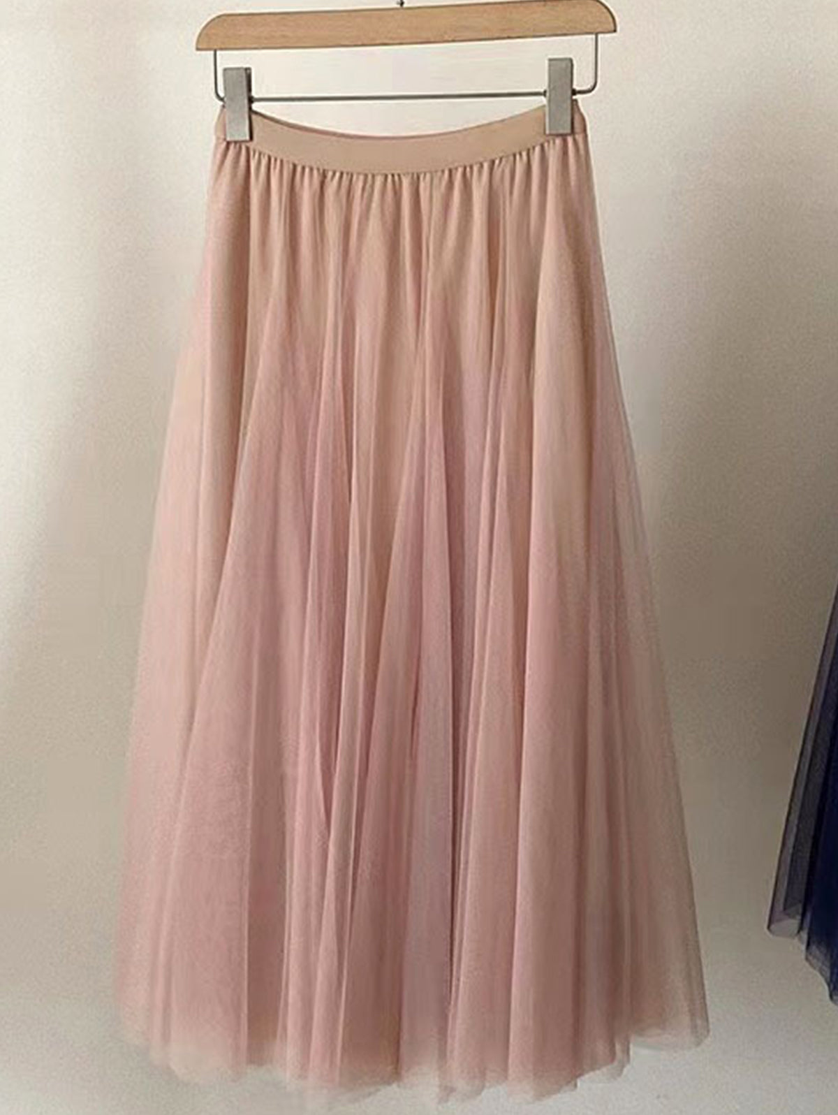 Daily Layered Pleated Stretchy Waist Solid Tulle Midi Skirt