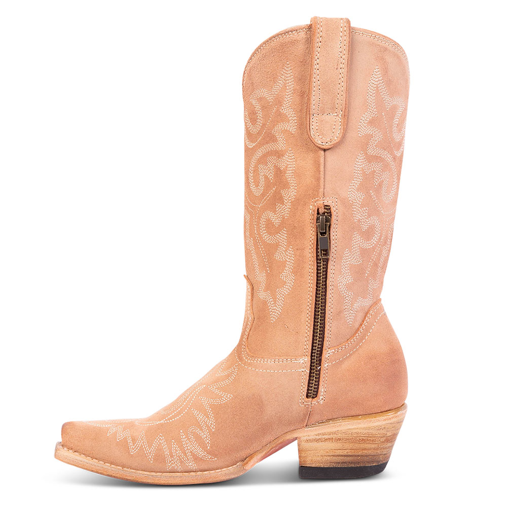 Beige Faux Suede Snip Toe Chunky Heel Mid-Calf Cowgirl Boots