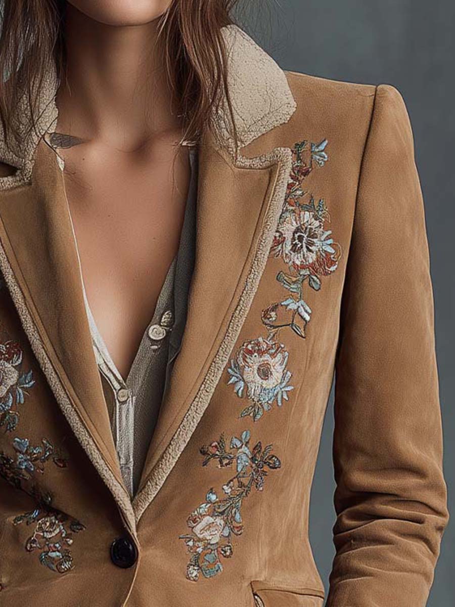 Embroidered Suede Blazer With Shearling Trim