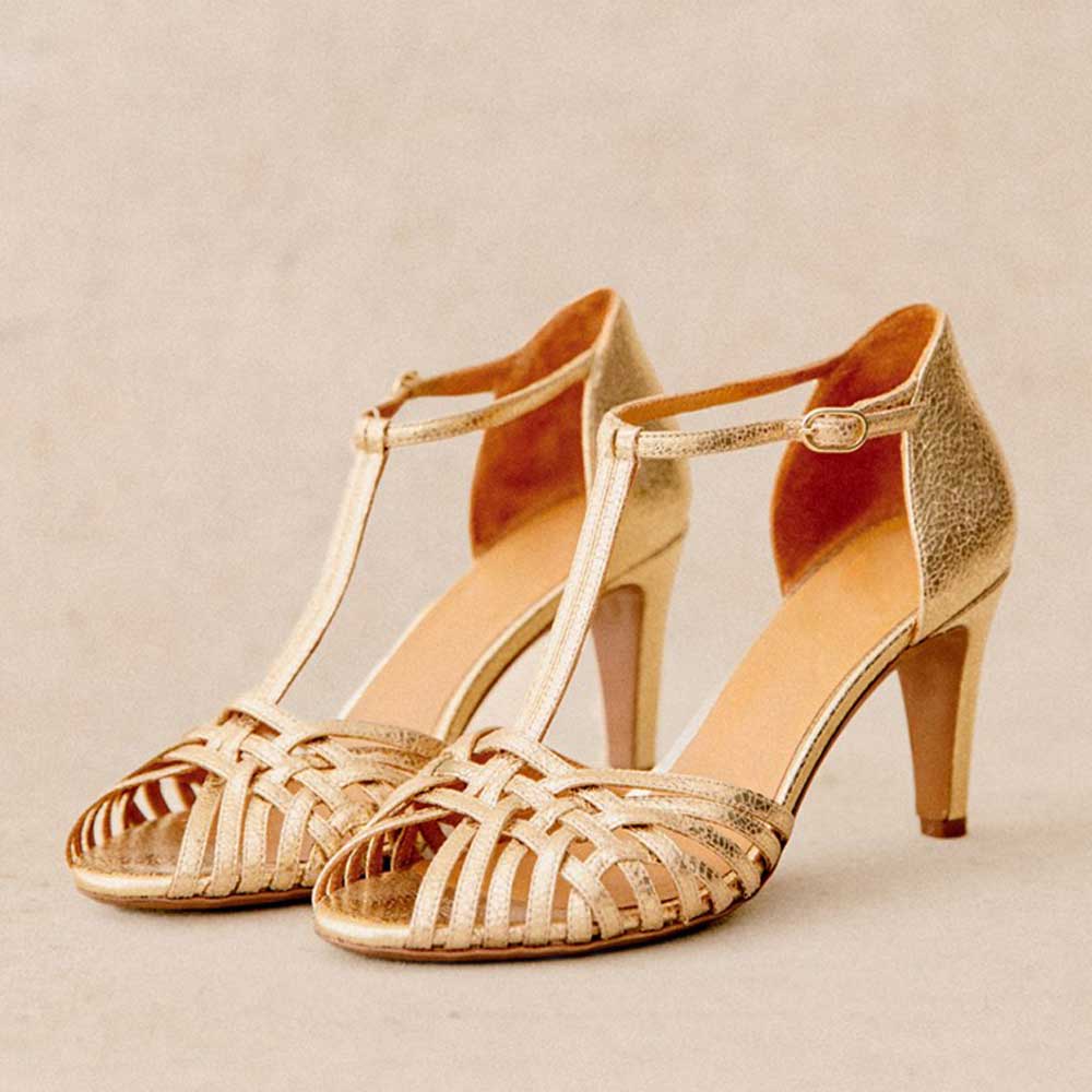 Fashion Gold Metallic Peep Toe T-Strap Women's Sandals with Cone Heel