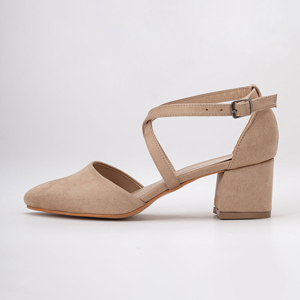Beige Almond Toe Block Heel Buckle Criss-Cross Strap Pumps for Women