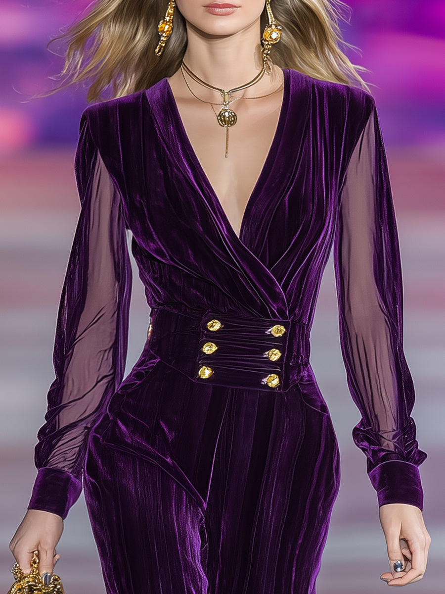 Exquisite And Fashionable V-neck Gold Double-breasted Purple Organza Spliced velvet Jumpsuit