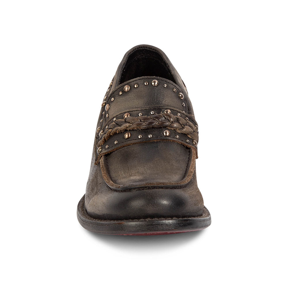 Dark Taupe Round Toe Slip On Block Heel Studded Loafer Shoes Women