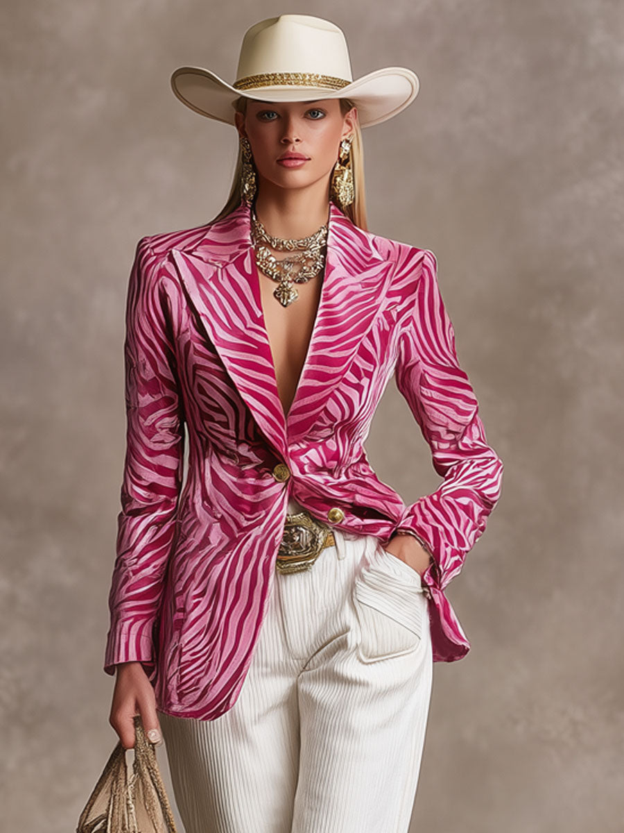 Elegant Lapel Single-breasted Zebra-print Velvet Blazer