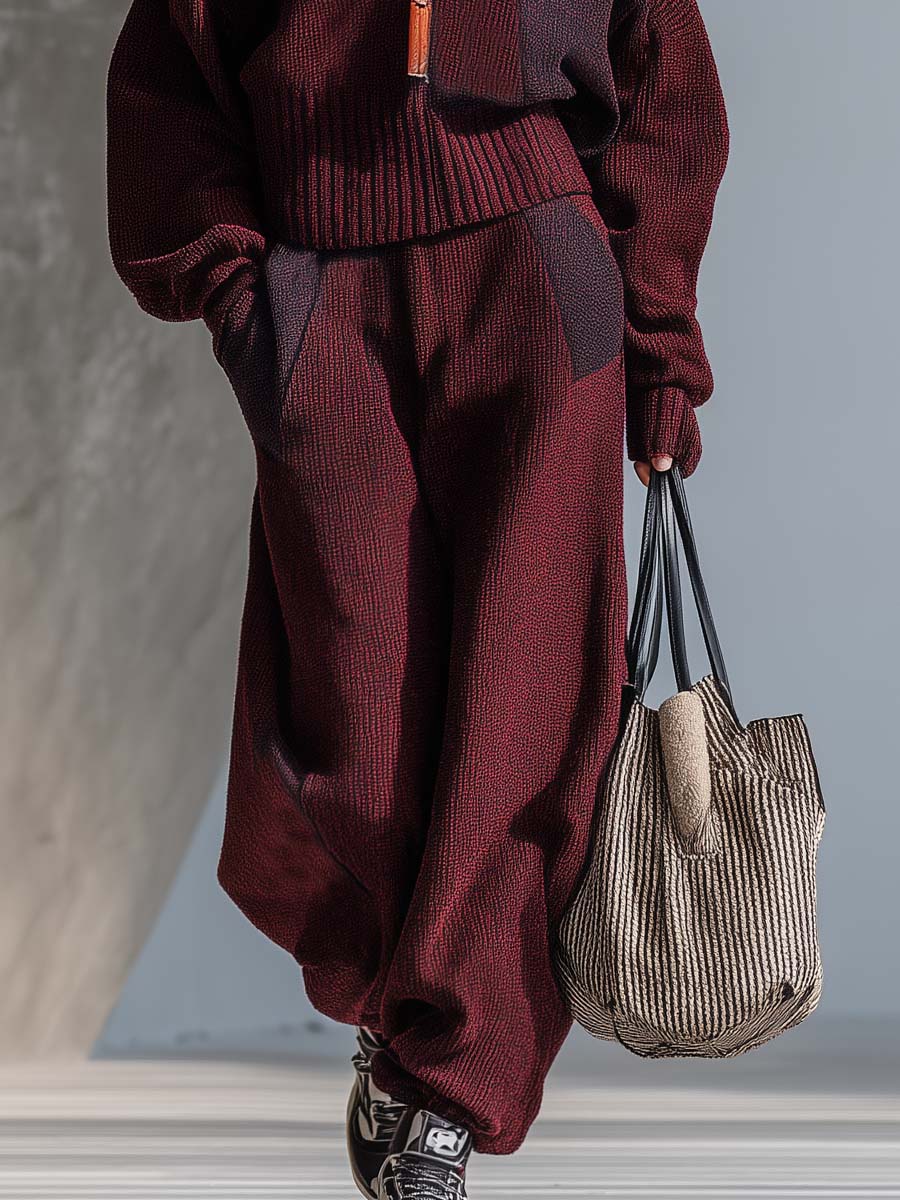 Exquisite Casual And Comfortable Maroon Knitted Lapel Front Zipper Sweatshirt And Pants Set