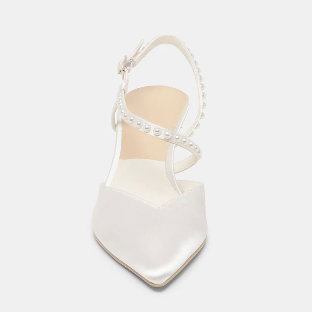 Elegant White Satin Pointed Toe Pearl Ankle Strap Wedding Heels