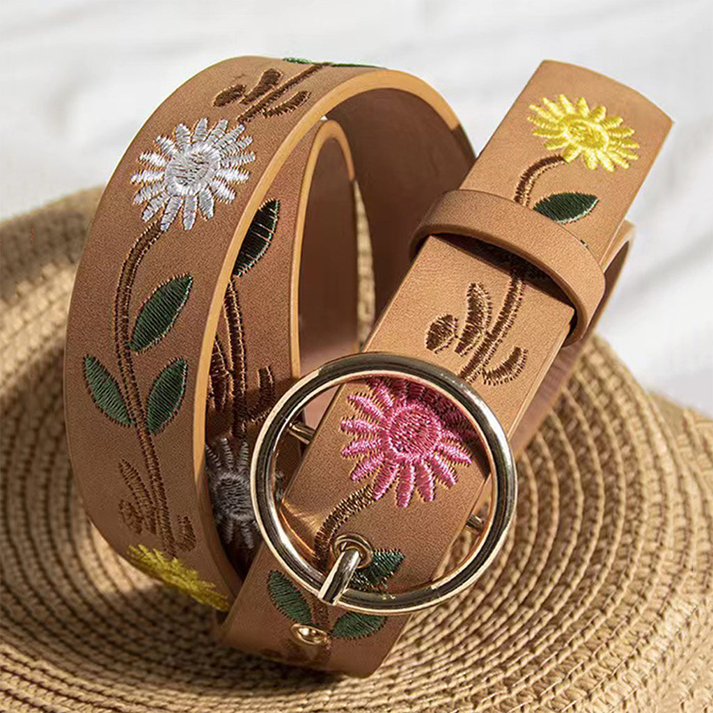 Ethnic Floral Leaf Pattern Embroidered Buckle Belt