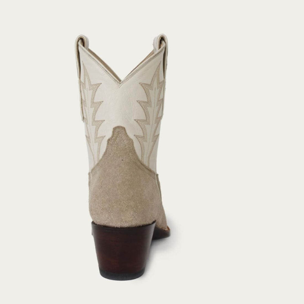 Beige & White Faux Suede Round Toe Chunky Heel Cowgirl Ankle Boots