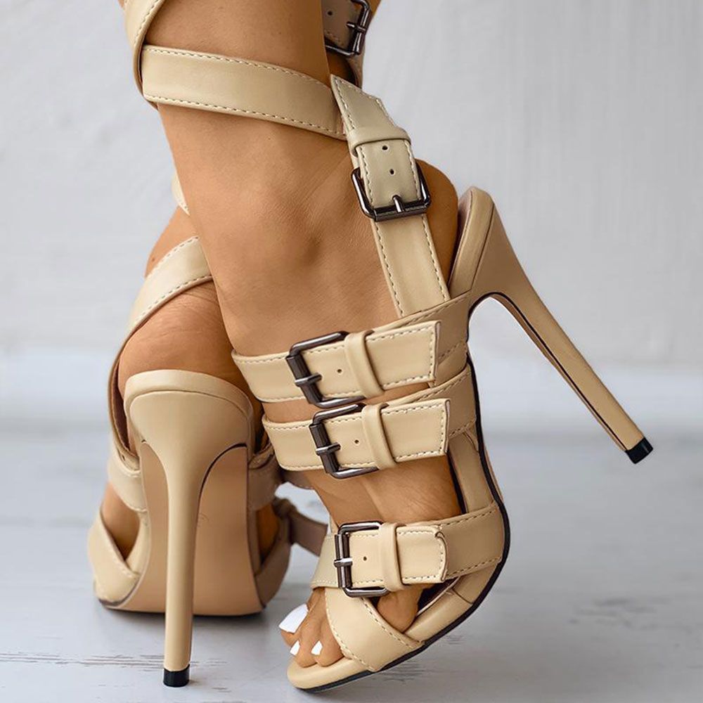 Beige Stiletto Shoes Peep Toe Multi-Strap Buckle High Heels Sandals