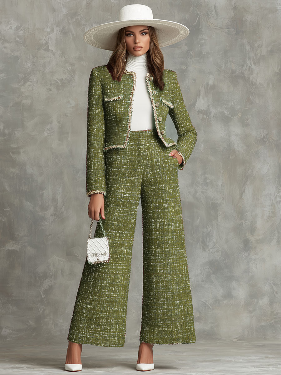 Elegant Textured Fabric Jacket And Wide-leg Pants Set