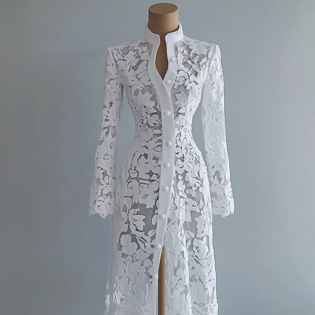 Ursime Lace Stand Collar Button Long Sleeve Coat Midi Dress