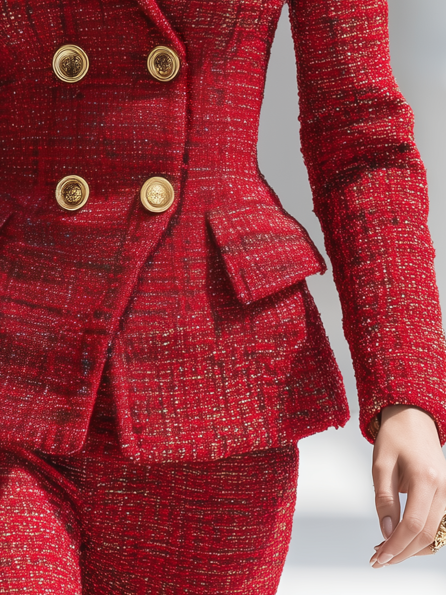 Elegant Vintage Gold Double-breasted Tweed Blazer