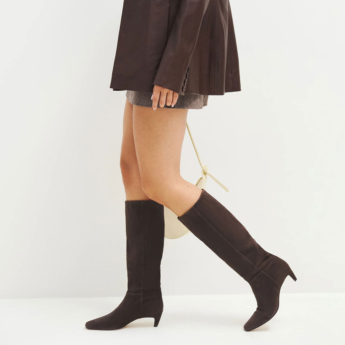 Dark Brown Square Toe Pull-On Knee-High Long Boots with Kitten Heel