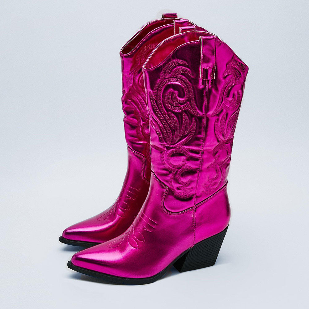 Fuchsia Metallic Embroidered Chunky Heel Wide-Calf Cowgirl Boots