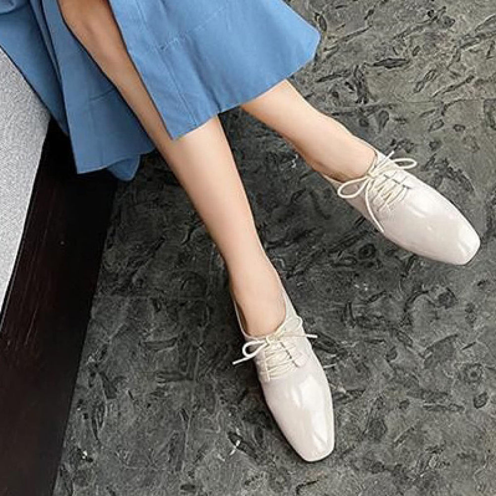 Beige Patent Leather Square Toe Decorative Heel Lace Up Oxford Shoes