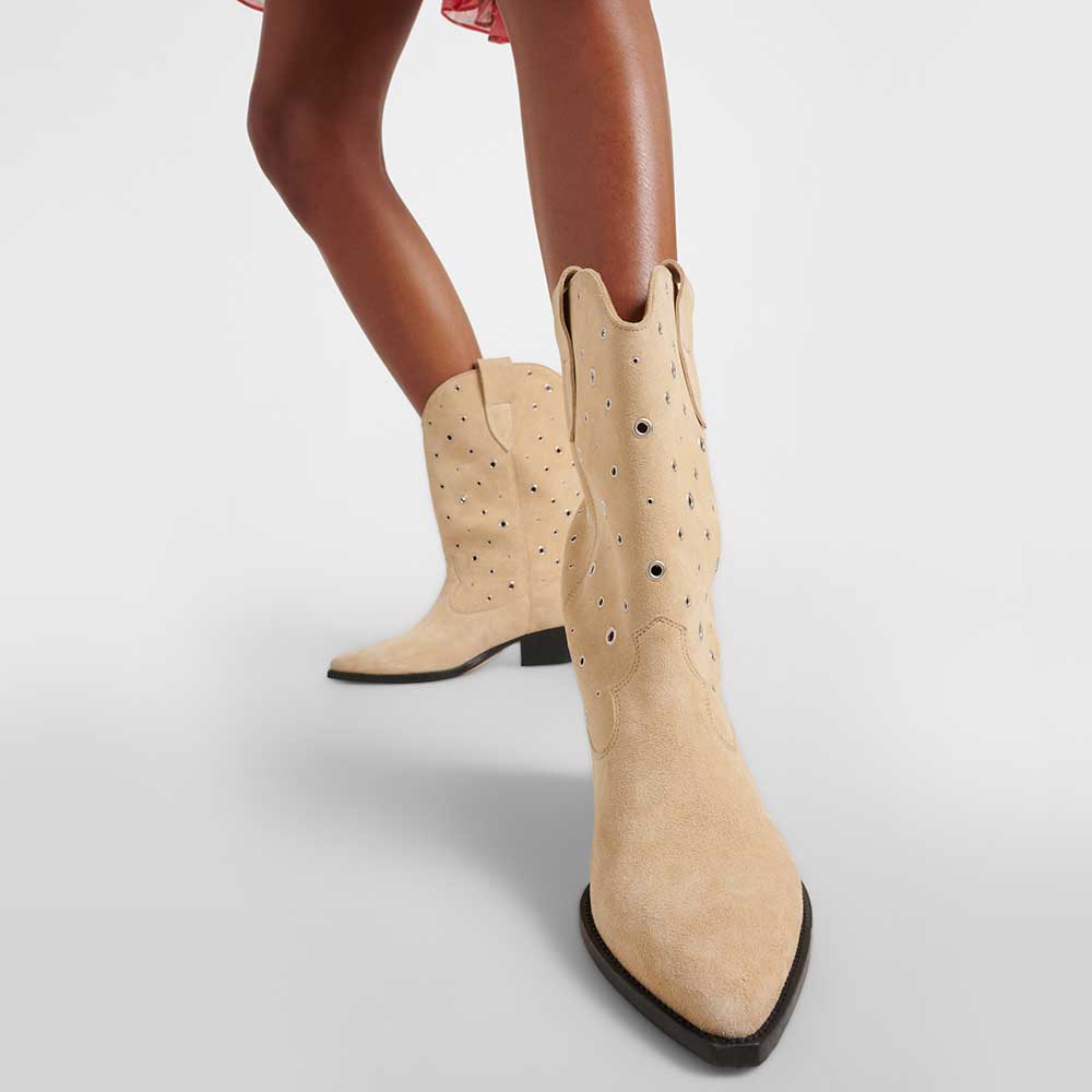 Beige Faux Suede Pointed Toe Chunky Heel Wide-Calf Cowgirl Boots