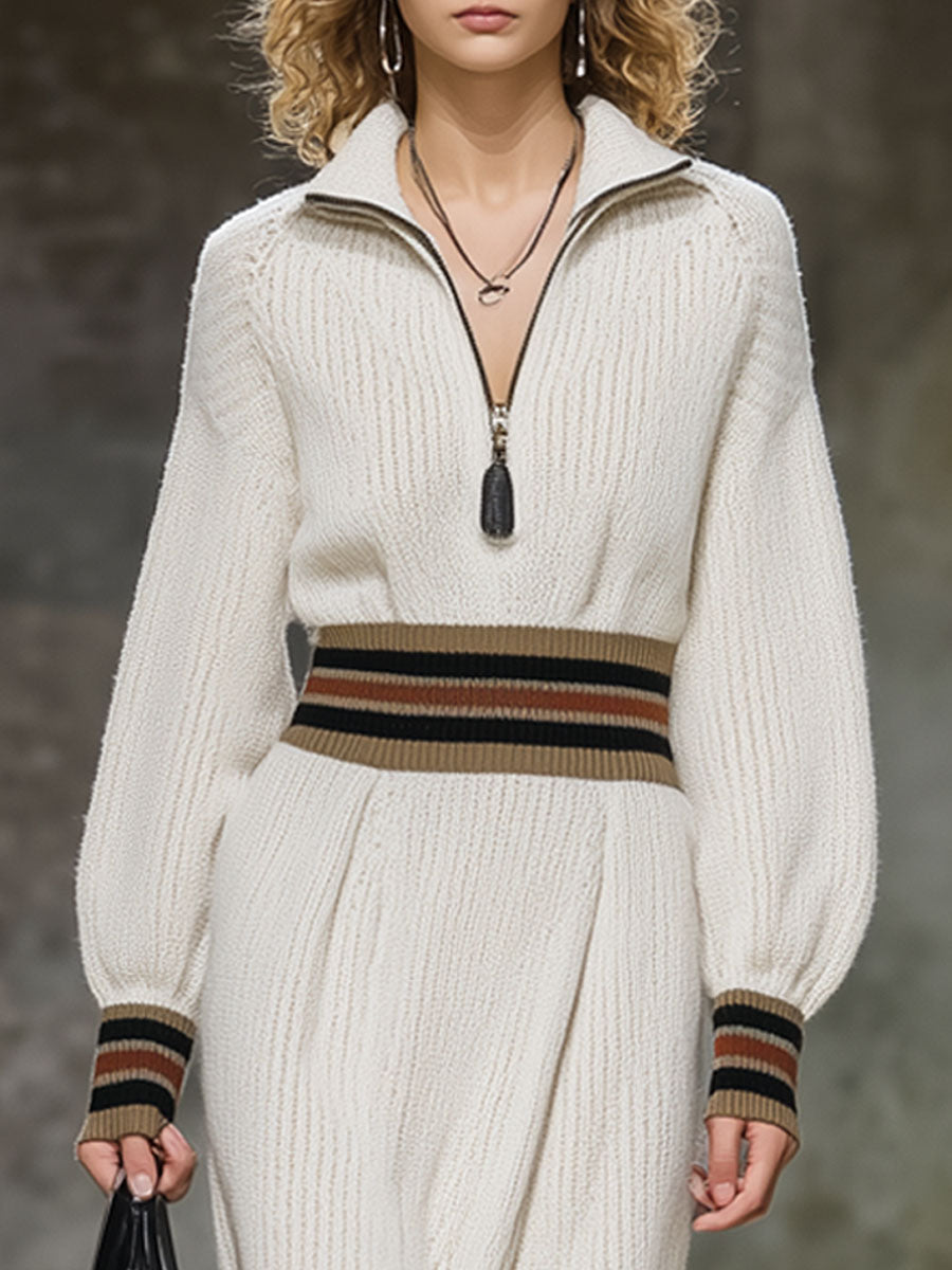 Fashion Loose Retro Striped White Knitted Midi Dress