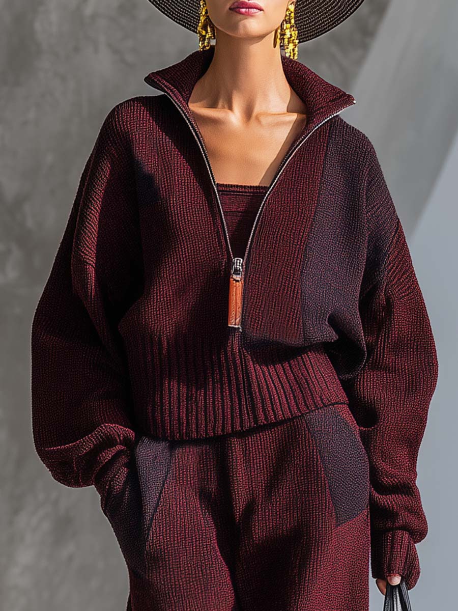 Exquisite Casual And Comfortable Maroon Knitted Lapel Front Zipper Sweatshirt And Pants Set