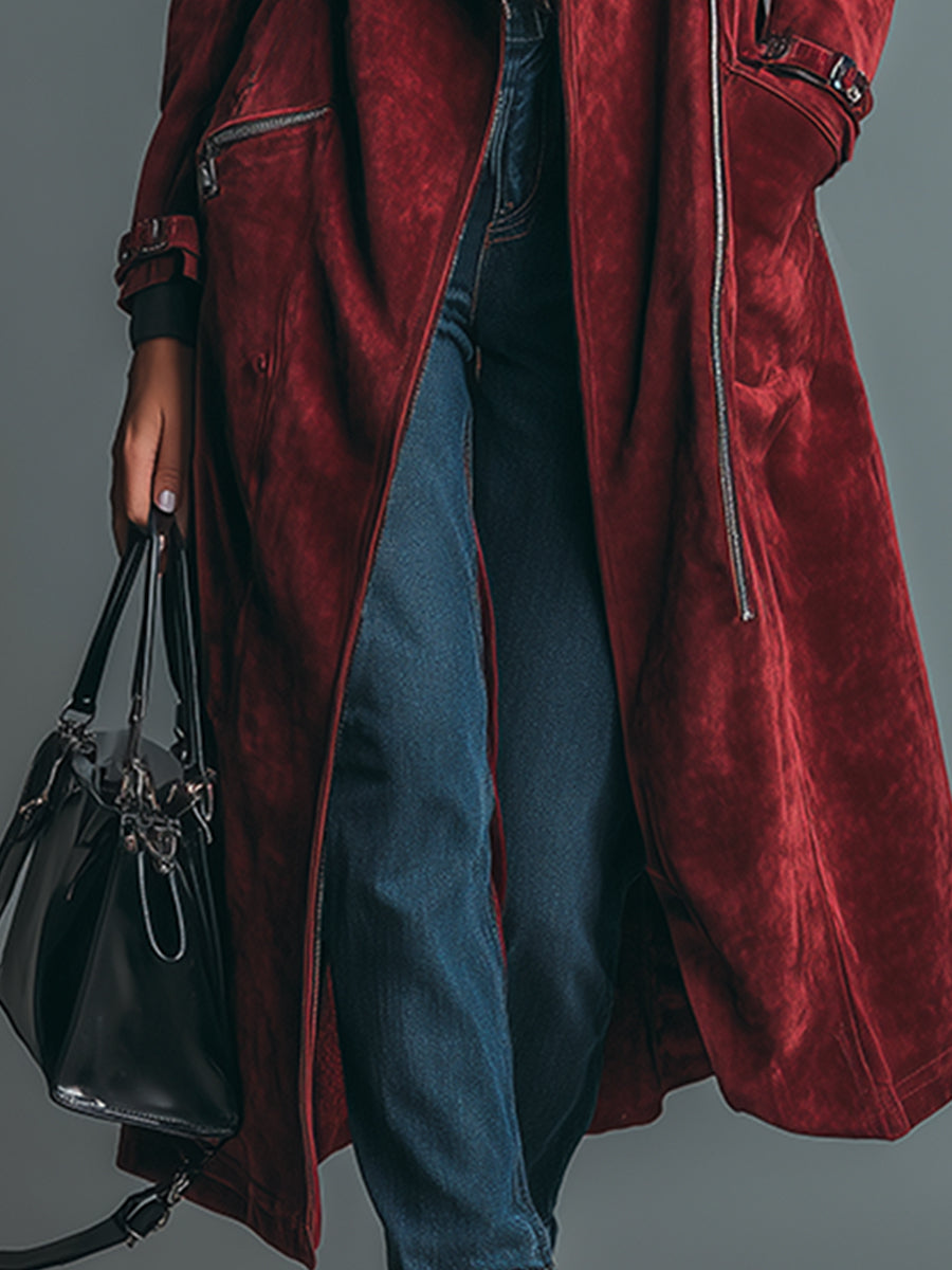 Elegant Vintage Burgundy Faux Suede Long Coat