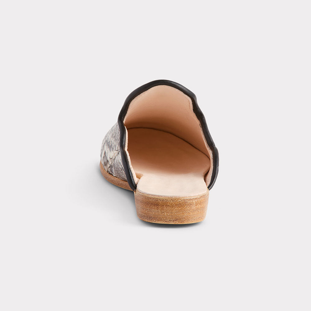 Beige & Black Python Embossed Round Toe Slip-On Flat Mules Shoes