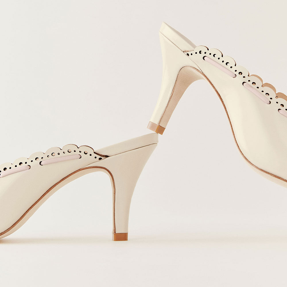 Beige Snip Toe Kitten Heel Wave Edge Mules Shoes with Bow Strap
