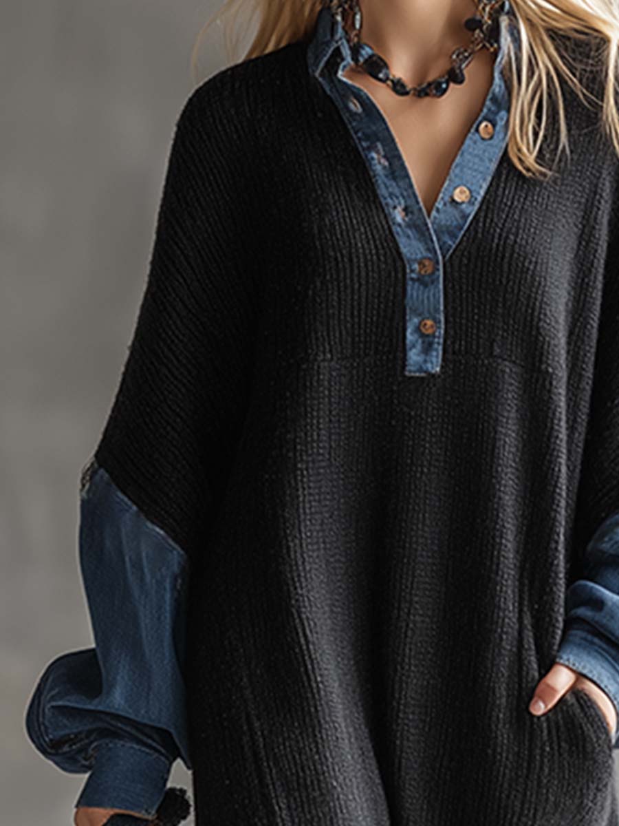 Fashionable Casual Black Knitted Denim Trim Maxi Dress