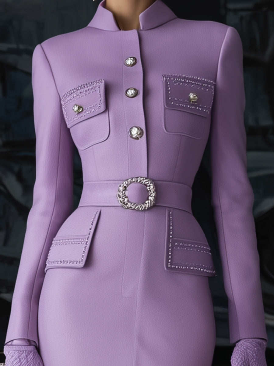 Elegant Purple Tweed With Button Pockets Maxi Dress