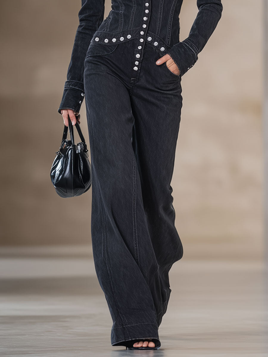 Fashion Retro Dark Gray Denim Long-Sleeved Rivet Wide-Leg Jumpsuit