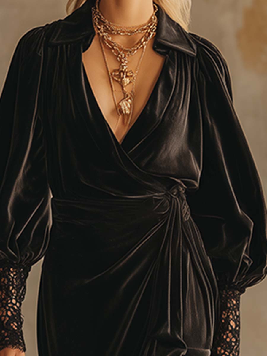 Elegant Evening Gown Lace Cuffs Black Velvet Midi Dress